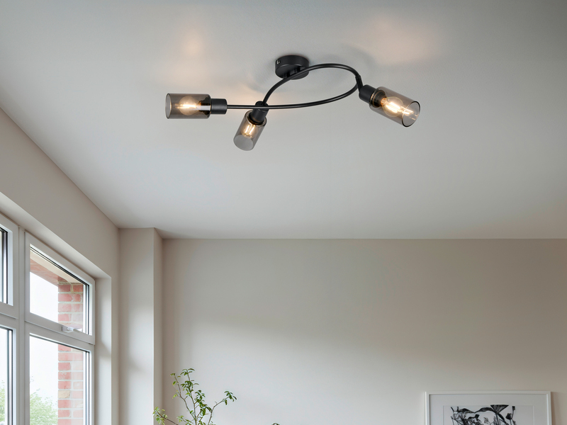 LED Deckenstrahler 3-flammig Schwarz mit Rauchglas Lampenschirmen, Breite 45cm