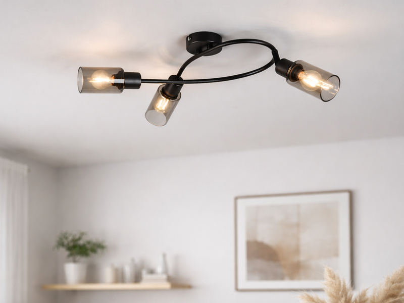 LED Deckenstrahler 3-flammig Schwarz mit Rauchglas Lampenschirmen, Breite 45cm