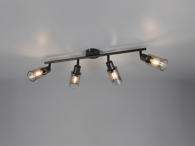 LED Deckenstrahler 4-flammig Schwarz mit Rauchglas Lampenschirmen, Breite 60cm