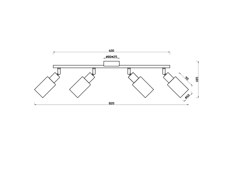 LED Deckenstrahler 4-flammig Schwarz mit Rauchglas Lampenschirmen, Breite 60cm