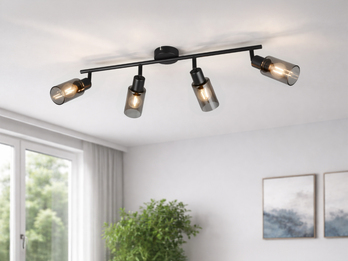 LED Deckenstrahler 4-flammig Schwarz mit Rauchglas Lampenschirmen, Breite 60cm