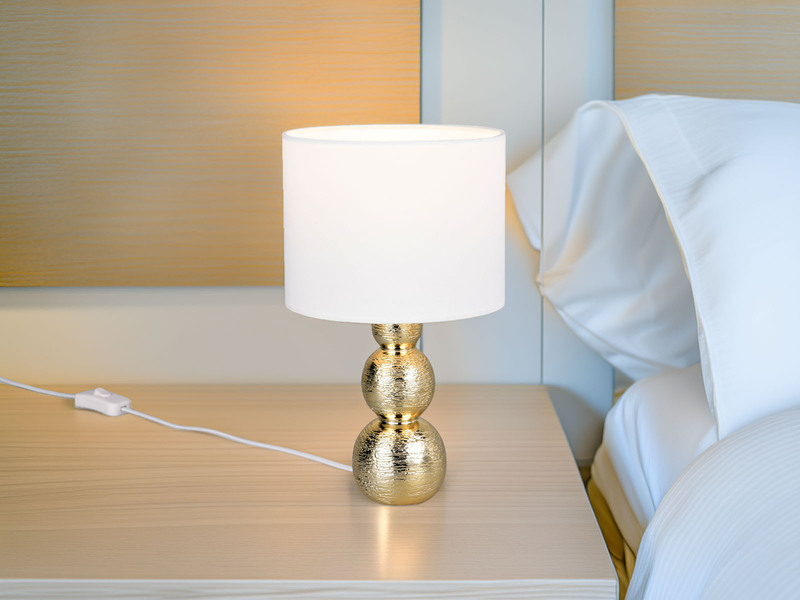 LED Tischlampe mit Keramikfuß Gold & Stoffschirm Weiß, Höhe 29cm