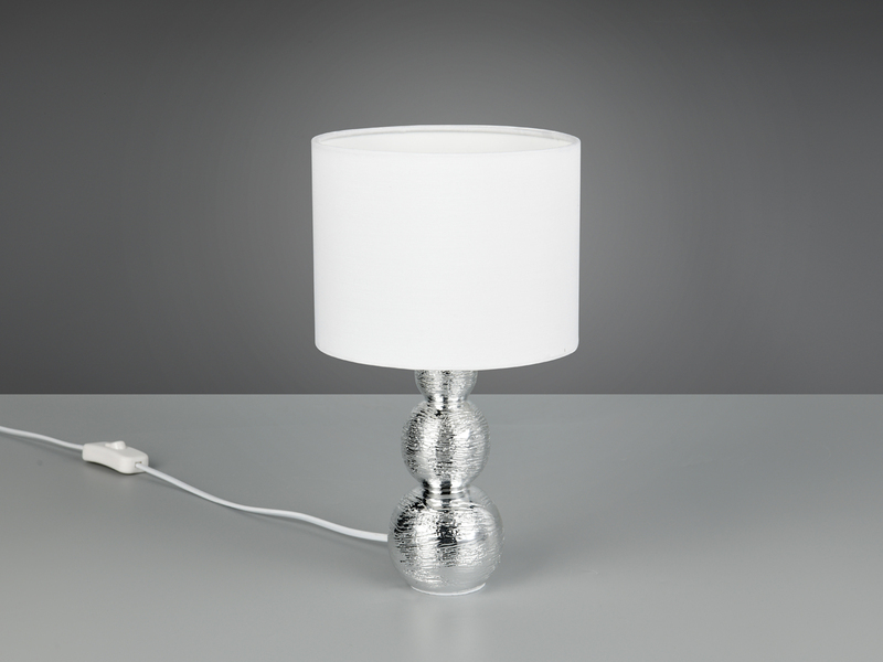 LED Tischlampe mit Keramikfuß Silber & Stoffschirm Weiß, Höhe 29cm