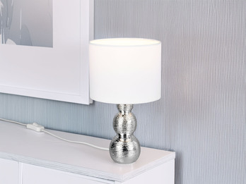 LED Tischlampe mit Keramikfuß Silber & Stoffschirm Weiß, Höhe 29cm