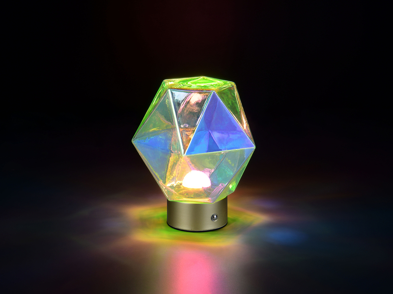 Kleine ausgefallene Akku Tischlampe STAVRO USB aufladbar, Glas bunt, Höhe 17,5cm