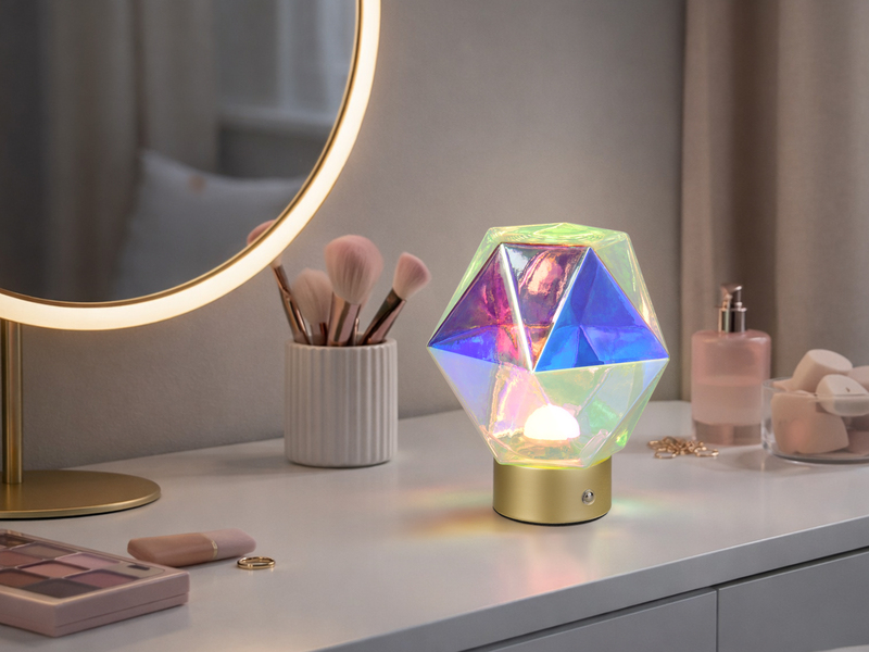 Kleine ausgefallene Akku Tischlampe STAVRO USB aufladbar, Glas bunt, Höhe 17,5cm