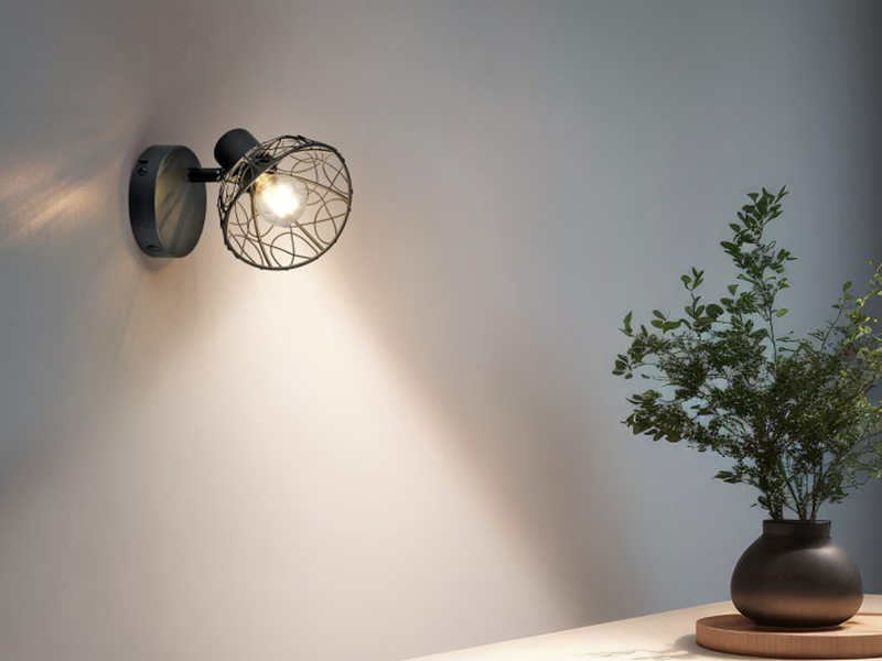 Wandstrahler YAKO Metall Schwarz mit Drahtgeflecht Lampenschirm, Höhe 14cm