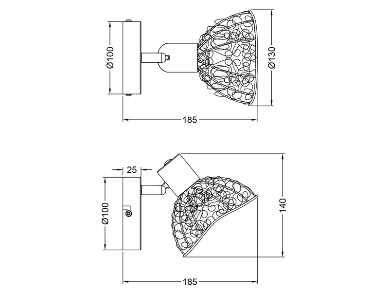 LED Wandstrahler Metall Schwarz mit Drahtgeflecht Lampenschirm, Höhe 14cm