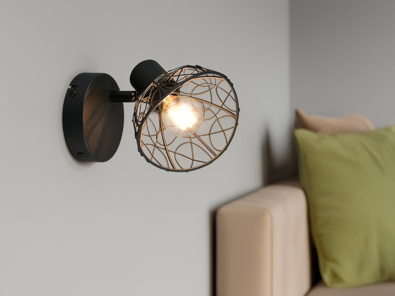 LED Wandstrahler Metall Schwarz mit Drahtgeflecht Lampenschirm, Höhe 14cm