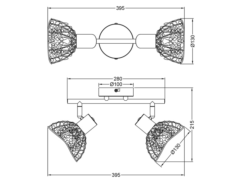 LED Deckenstrahler 2-flammig mit Drahtgeflecht Lampenschirmen, B: 39,5cm