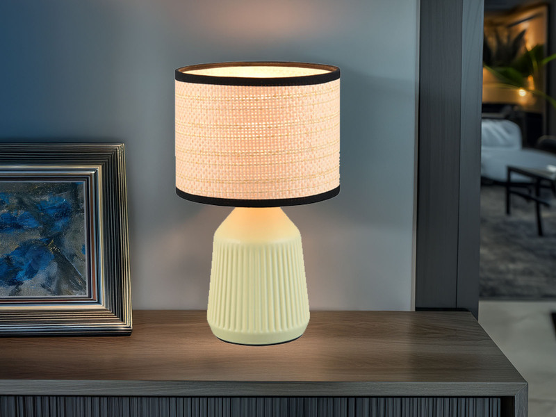 Tischleuchte FORMENTERA, Keramikfuß Grün, Papierschirm geflochten, Höhe 26,5cm