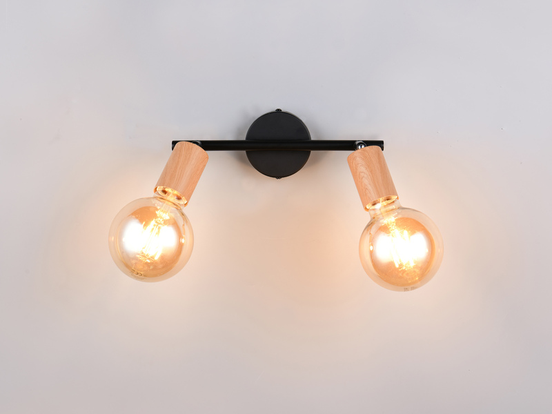 Deckenstrahler LAMEGO 2-flammig aus Metall in Schwarz & Holzoptik, Breite 35cm