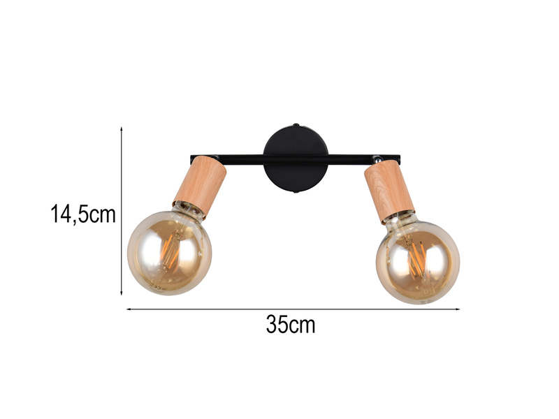 Deckenstrahler LAMEGO 2-flammig aus Metall in Schwarz & Holzoptik, Breite 35cm