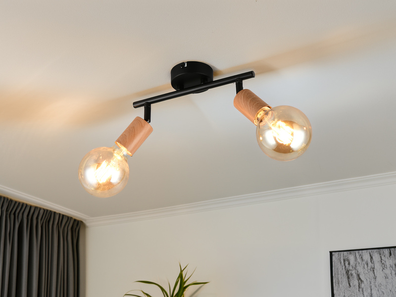 Deckenstrahler LAMEGO 2-flammig aus Metall in Schwarz & Holzoptik, Breite 35cm