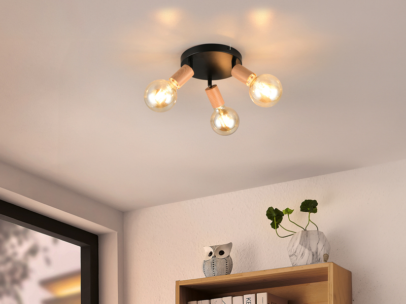 Deckenstrahler LAMEGO 3-flammig rund aus Metall in Schwarz & Holzoptik, Ø 29cm