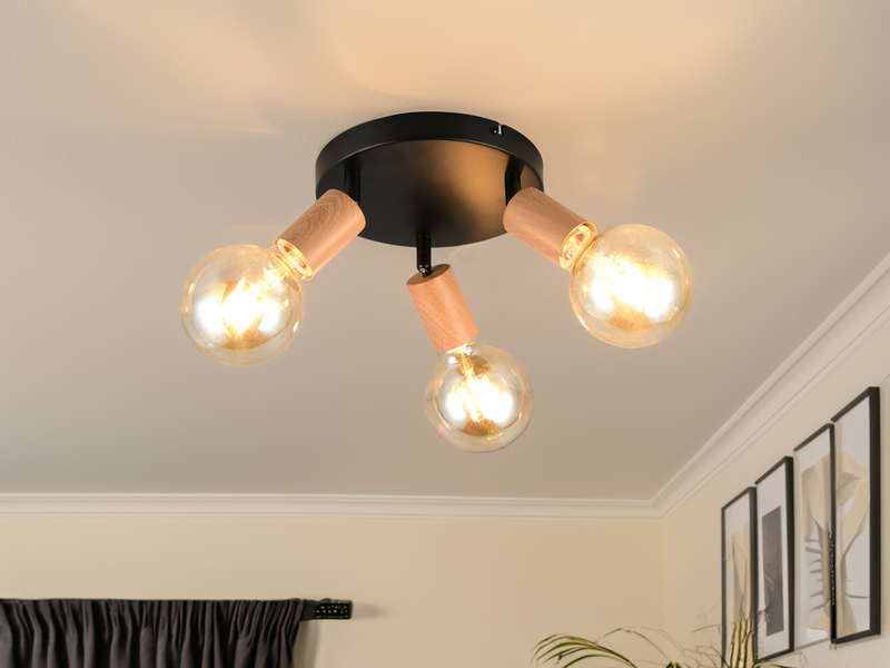 Deckenstrahler LAMEGO 3-flammig rund aus Metall in Schwarz & Holzoptik, Ø 29cm