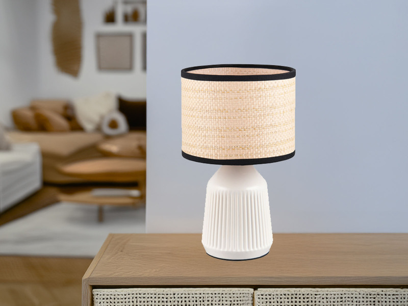 Tischleuchte FORMENTERA, Keramikfuß Weiß, Papierschirm geflochten, Höhe 26,5cm