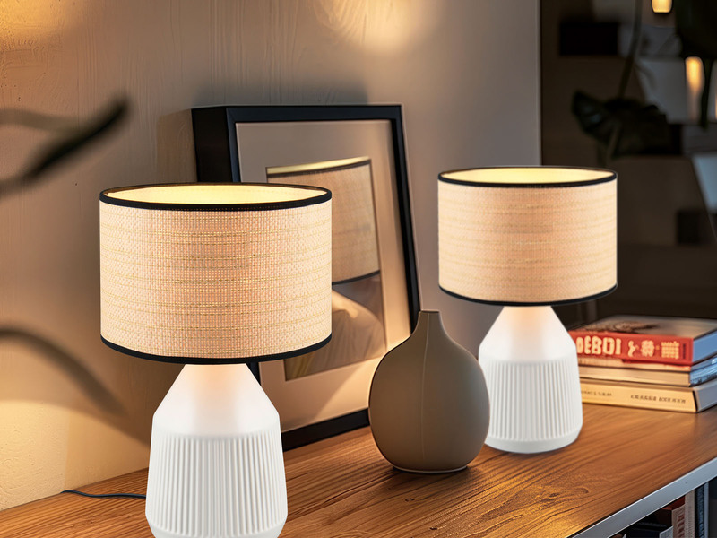 Tischleuchte FORMENTERA, Keramikfuß Weiß, Papierschirm geflochten, Höhe 26,5cm