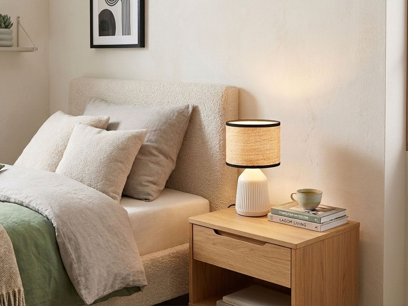 Tischleuchte FORMENTERA, Keramikfuß Weiß, Papierschirm geflochten, Höhe 26,5cm