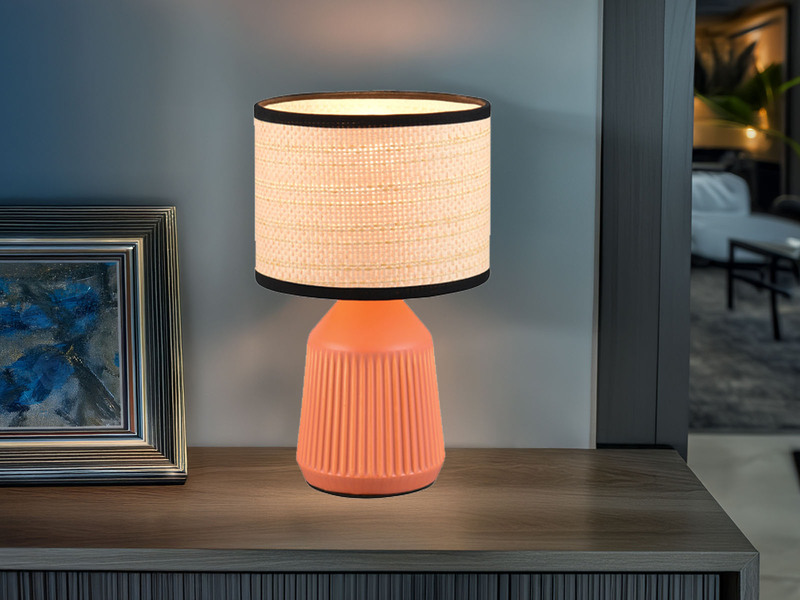 Tischleuchte FORMENTERA, Keramikfuß Terrakotta, Schirm geflochten, Höhe 26,5cm