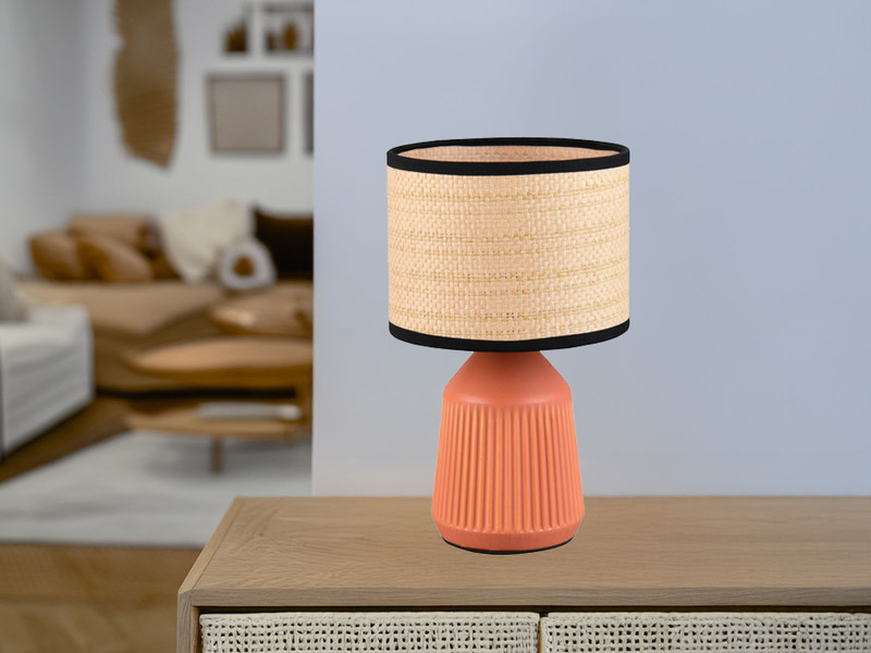 Tischleuchte FORMENTERA, Keramikfuß Terrakotta, Schirm geflochten, Höhe 26,5cm