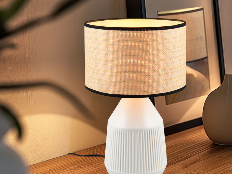 Tischleuchte FORMENTERA, Keramikfuß Weiß, Papierschirm geflochten, Höhe 43cm