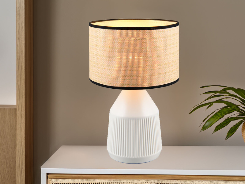 Tischleuchte FORMENTERA, Keramikfuß Weiß, Papierschirm geflochten, Höhe 43cm