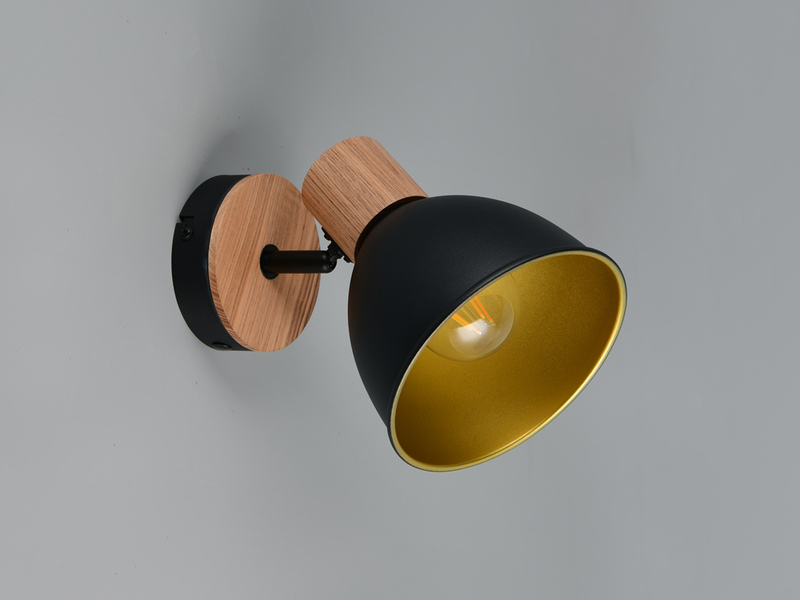 Wandstrahler DELUME aus Metall in Schwarz/Gold & Holzoptik, Höhe 19cm