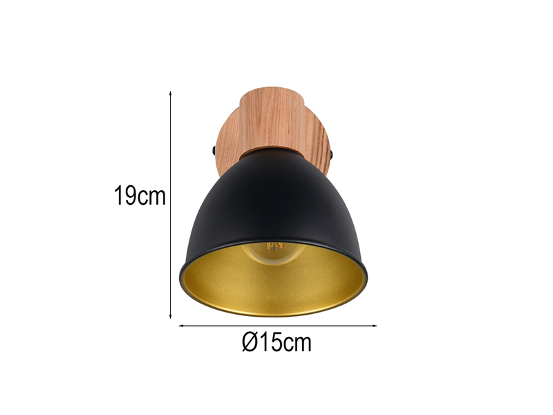 Wandstrahler DELUME aus Metall in Schwarz/Gold & Holzoptik, Höhe 19cm