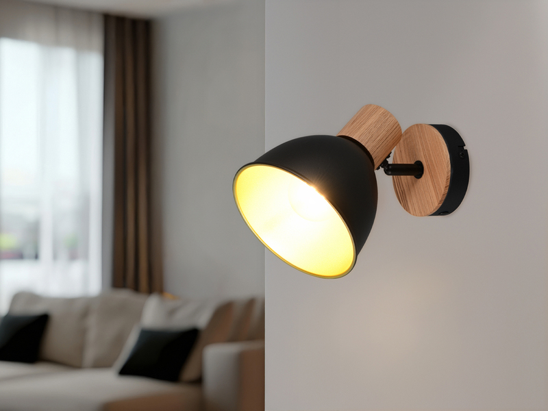 Wandstrahler DELUME aus Metall in Schwarz/Gold & Holzoptik, Höhe 19cm