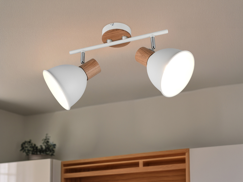 Deckenstrahler DELUME 2-flammig aus Metall in Weiß & Holzoptik, Breite 49cm