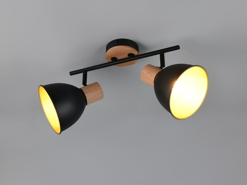 Deckenstrahler DELUME 2-flammig aus Metall in Schwarz/Gold & Holzoptik, B: 49cm