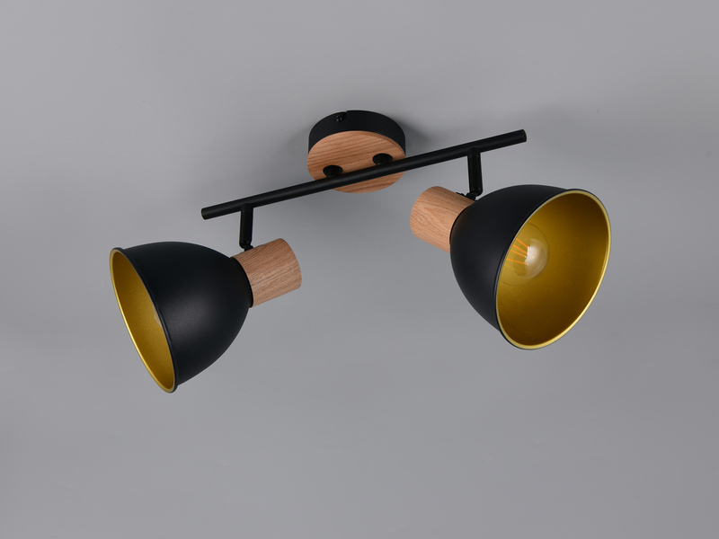 Deckenstrahler DELUME 2-flammig aus Metall in Schwarz/Gold & Holzoptik, B: 49cm