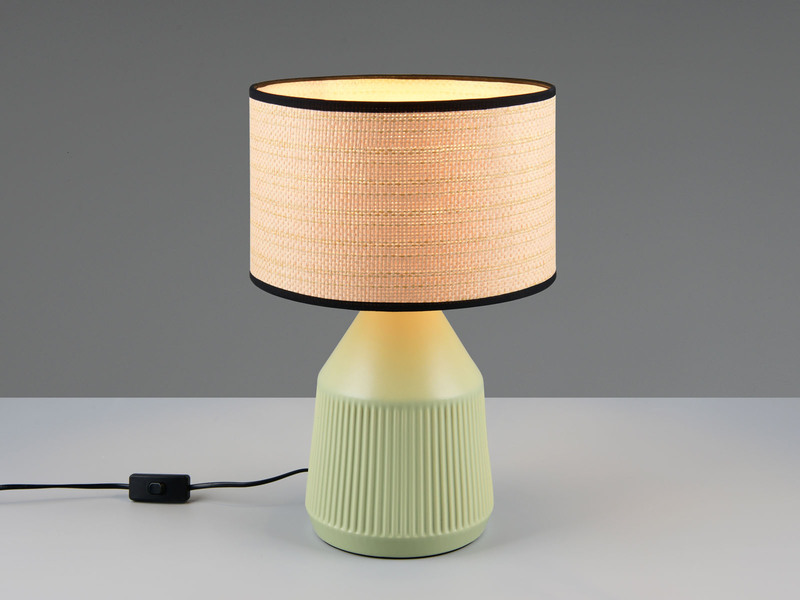 LED Tischlampe dimmbar, Keramikfuß Grün, Papierschirm geflochten, Höhe 43cm
