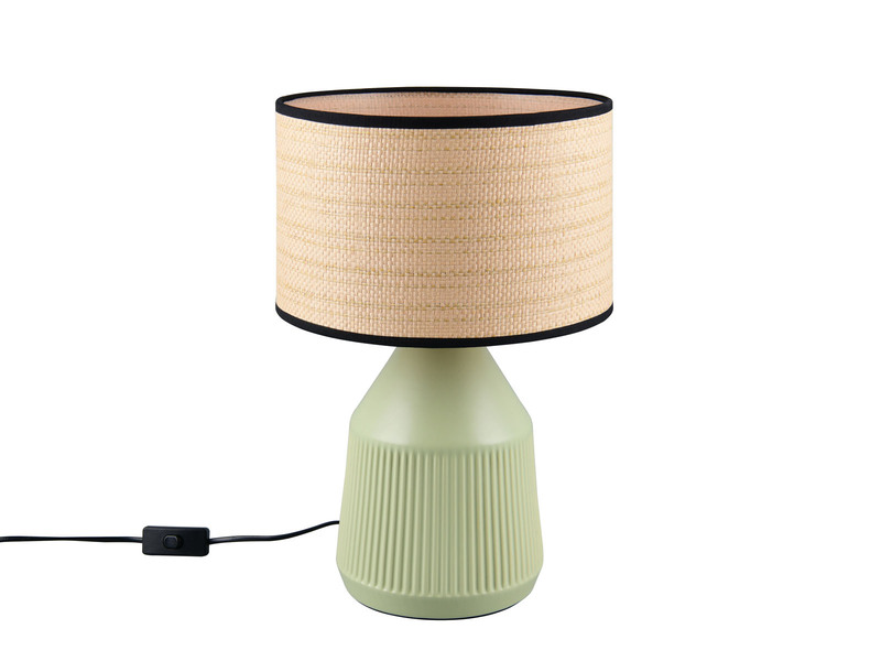 LED Tischlampe dimmbar, Keramikfuß Grün, Papierschirm geflochten, Höhe 43cm