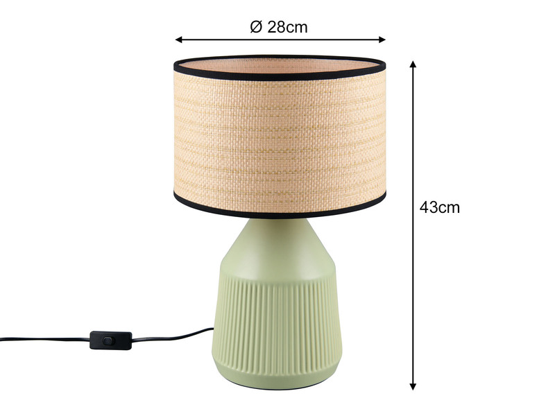 LED Tischlampe dimmbar, Keramikfuß Grün, Papierschirm geflochten, Höhe 43cm