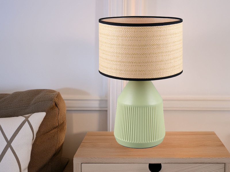LED Tischlampe dimmbar, Keramikfuß Grün, Papierschirm geflochten, Höhe 43cm