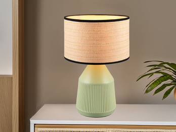 LED Tischlampe dimmbar, Keramikfuß Grün, Papierschirm geflochten, Höhe 43cm LED Tischlampe dimmbar, Keramikfuß Grün, Papierschirm geflochten, Höhe 43cm