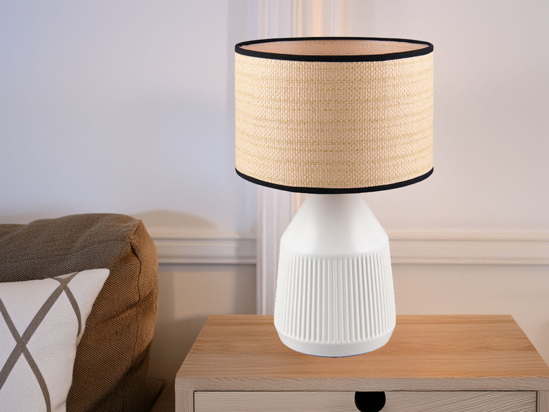 LED Tischlampe dimmbar, Keramikfuß Weiß, Papierschirm geflochten, Höhe 43cm