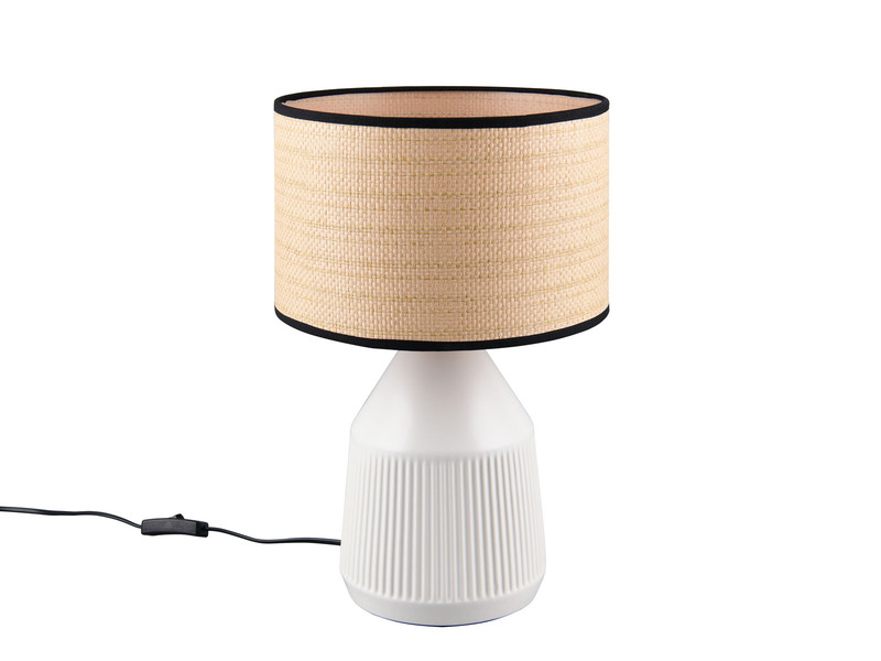 LED Tischlampe dimmbar, Keramikfuß Weiß, Papierschirm geflochten, Höhe 43cm