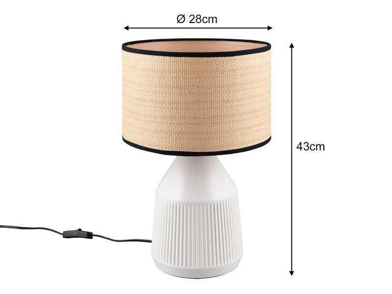LED Tischlampe dimmbar, Keramikfuß Weiß, Papierschirm geflochten, Höhe 43cm