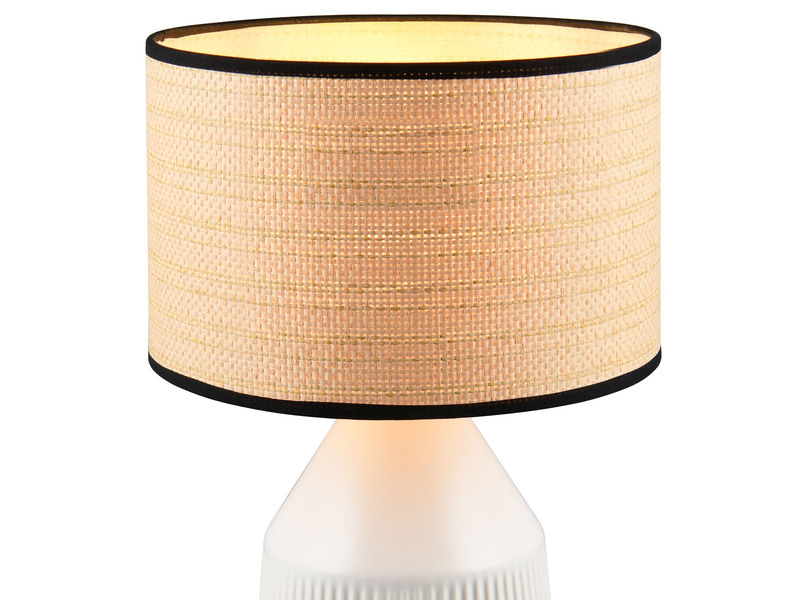 LED Tischlampe dimmbar, Keramikfuß Weiß, Papierschirm geflochten, Höhe 43cm