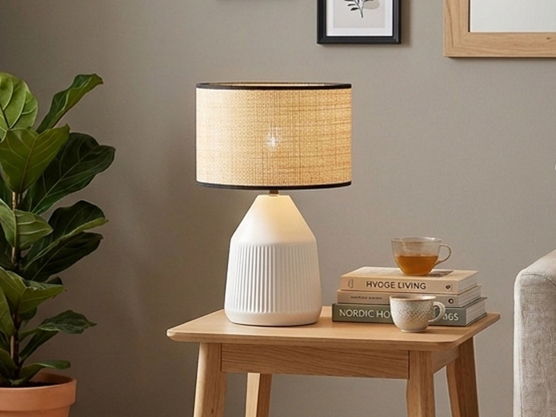 LED Tischlampe dimmbar, Keramikfuß Weiß, Papierschirm geflochten, Höhe 43cm