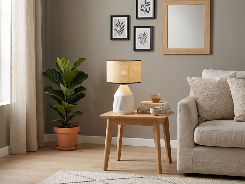 LED Tischlampe dimmbar, Keramikfuß Weiß, Papierschirm geflochten, Höhe 43cm