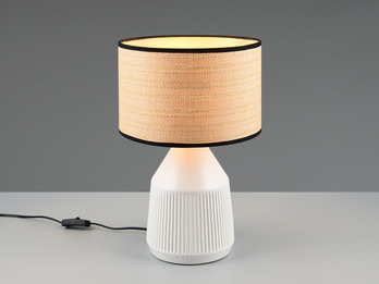 LED Tischlampe dimmbar, Keramikfuß Weiß, Papierschirm geflochten, Höhe 43cm LED Tischlampe dimmbar, Keramikfuß Weiß, Papierschirm geflochten, Höhe 43cm