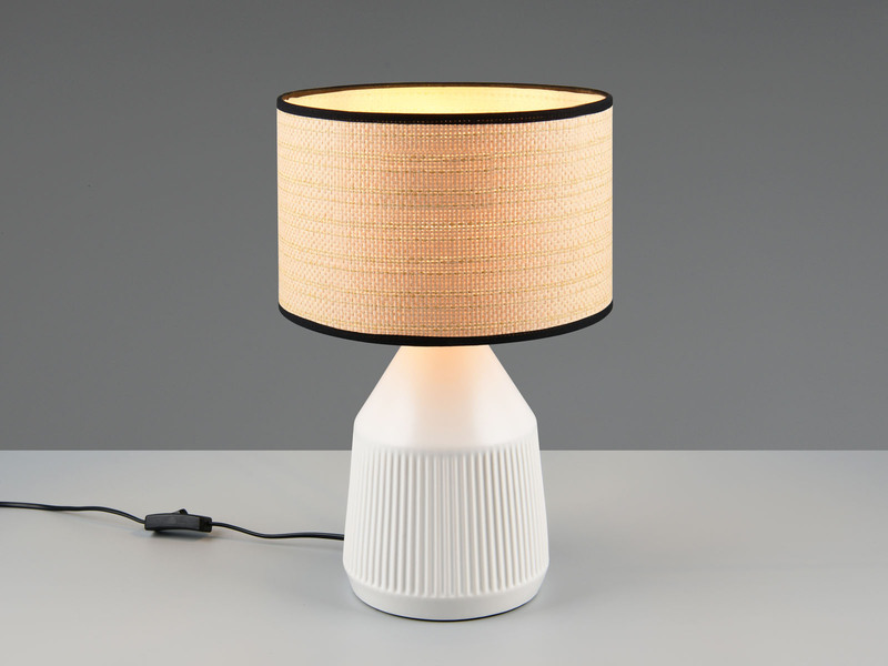 LED Tischlampe dimmbar, Keramikfuß Weiß, Papierschirm geflochten, Höhe 43cm