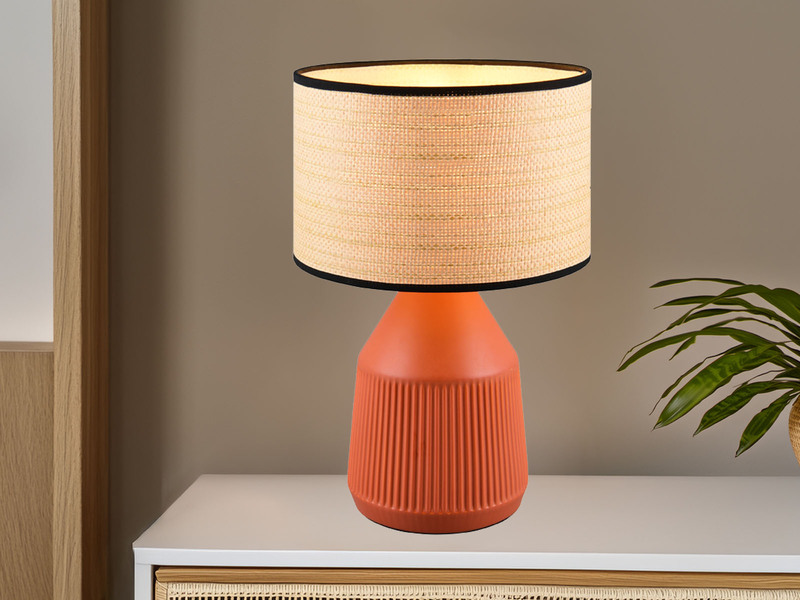 LED Tischlampe dimmbar, Keramikfuß Terrakotta, Papierschirm geflochten, H43cm