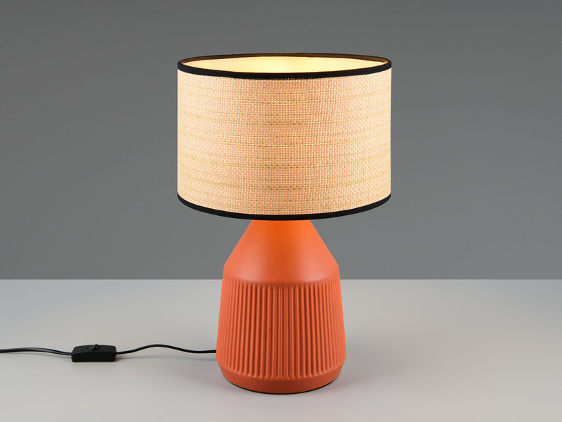 LED Tischlampe dimmbar, Keramikfuß Terrakotta, Papierschirm geflochten, H43cm