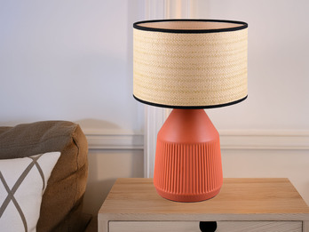 LED Tischlampe dimmbar, Keramikfuß Terrakotta, Papierschirm geflochten, H43cm