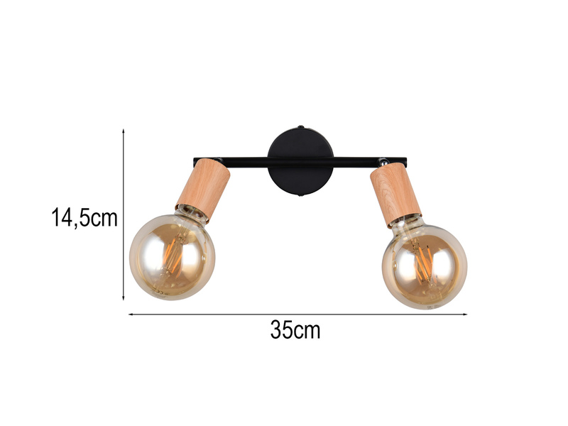 LED Deckenstrahler 2-flammig aus Metall in Schwarz & Holzoptik, Breite 35cm